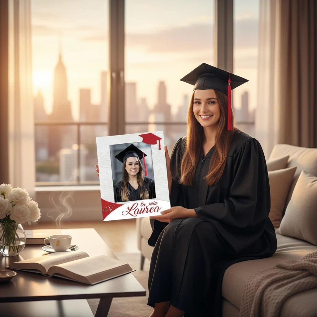 Cornice portafoto in legno FotoGrafica per laurea con decorazioni rosse, tenuta da una neolaureata in toga e tocco.