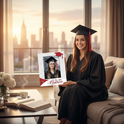 Cornice portafoto in legno FotoGrafica per laurea con decorazioni rosse, tenuta da una neolaureata in toga e tocco.