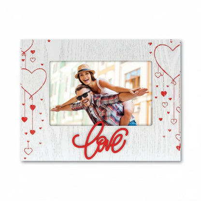 Cornice da tavolo FotoGrafica in legno bianco con cuori rossi e scritta Love, ideale per foto romantiche
