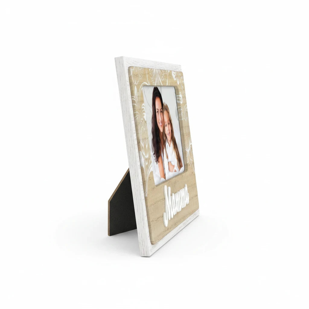 Cornice da tavolo FotoGrafica in legno con scritta Mamma, design rustico bianco e naturale per foto di famiglia