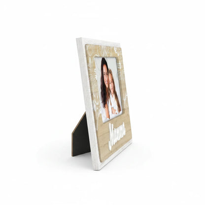 Cornice da tavolo FotoGrafica in legno con scritta Mamma, design rustico bianco e naturale per foto di famiglia