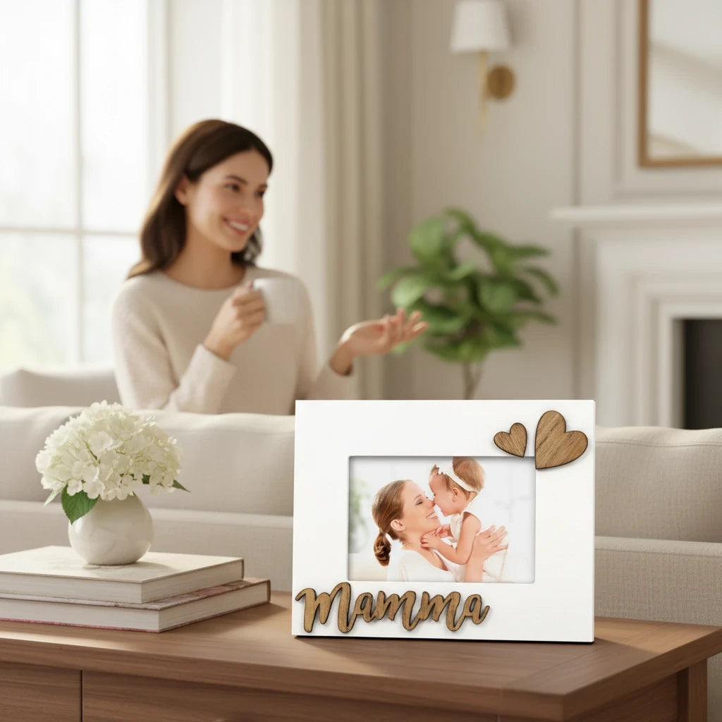 Cornice da tavolo FotoGrafica in legno bianco con scritta Mamma e cuori decorativi su mobile in soggiorno
