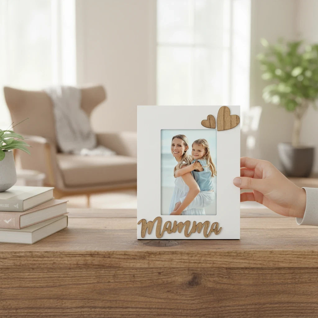 Cornice da tavolo FotoGrafica in legno bianco con scritta Mamma e decorazioni a cuore, ideale per foto di famiglia