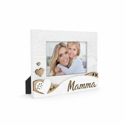 Cornice da tavolo FotoGrafica in legno bianco con scritta Mamma e decorazioni a forma di cuore per foto di famiglia