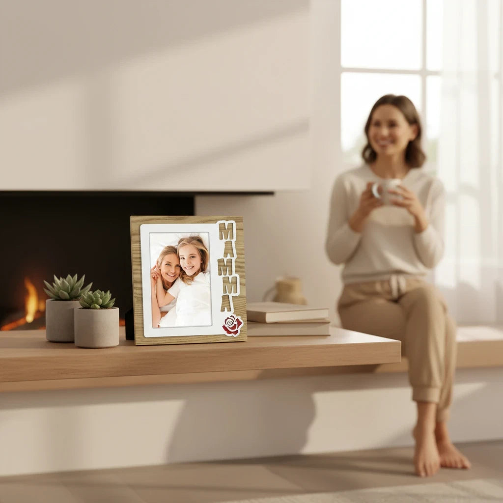 Cornice da tavolo in legno FotoGrafica con scritta Mamma e decorazione floreale, ideale per foto di famiglia