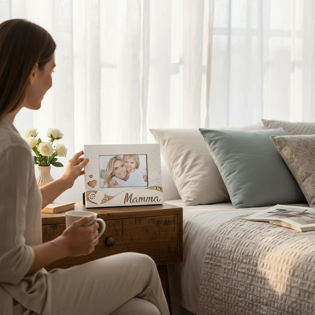 Donna che tiene una cornice da tavolo in legno FotoGrafica con scritta Mamma e decorazioni a cuore su un comodino