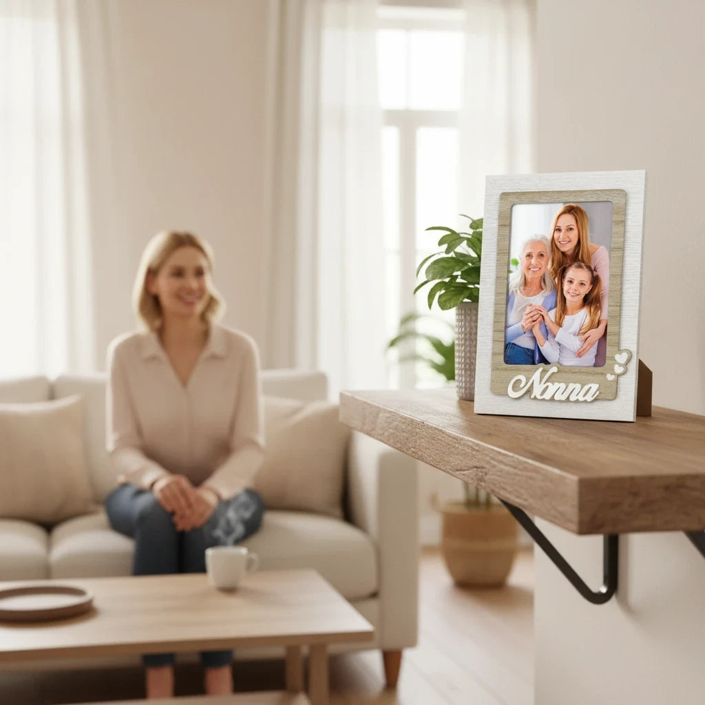 Cornice da tavolo FotoGrafica in legno bianco con scritta Nonna, ideale per esporre foto di famiglia in casa.