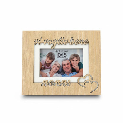 Cornice da tavolo FotoGrafica in legno chiaro con scritta vi voglio bene nonni e decorazione a forma di cuori