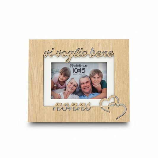 Cornice da tavolo FotoGrafica in legno chiaro con scritta vi voglio bene nonni e decorazione a forma di cuori