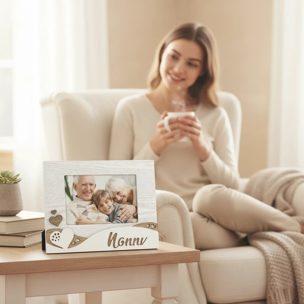 Cornice da tavolo FotoGrafica in legno bianco con scritta Nonni e decorazioni a cuore, ideale per foto di famiglia.