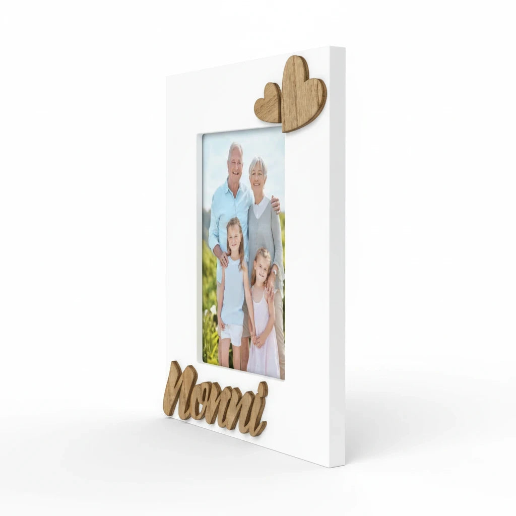 Cornice da tavolo FotoGrafica bianca in legno con cuori e scritta Nonni, ideale per foto di famiglia