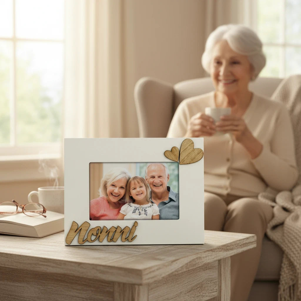 Cornice da tavolo FotoGrafica in legno bianco con scritta Nonni e decorazioni a cuore, ideale per foto di famiglia