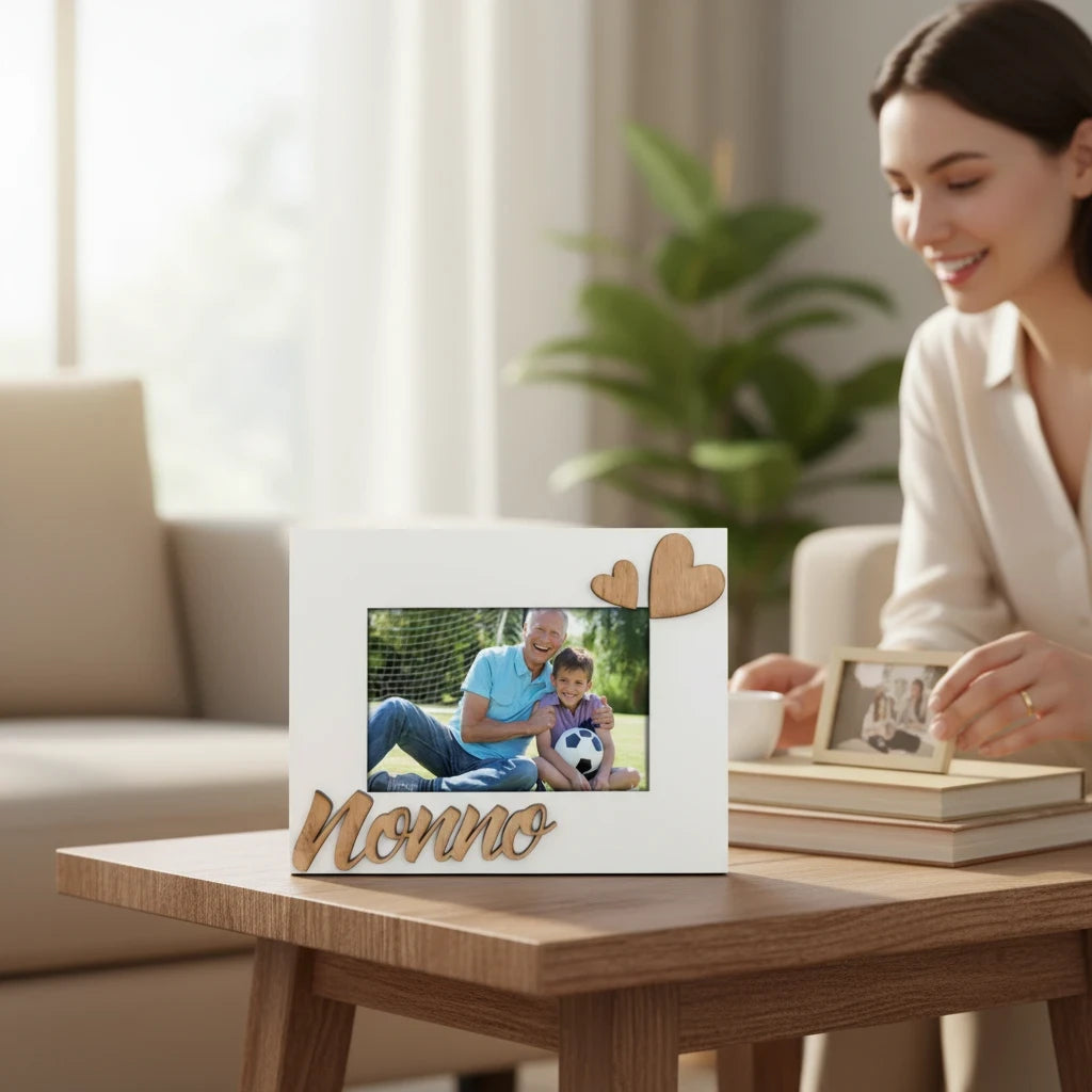 Cornice da tavolo FotoGrafica in legno bianco con scritta Nonno e decorazioni a cuore, ideale per regali familiari.