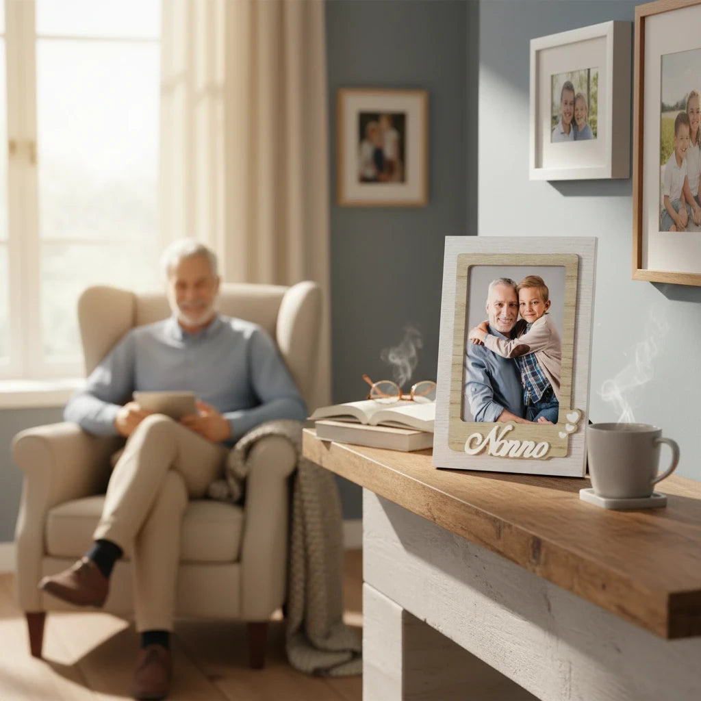 Cornice da tavolo FotoGrafica in legno chiaro con scritta Nonno, ideale per foto di famiglia su mobile in soggiorno