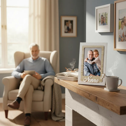 Cornice da tavolo FotoGrafica in legno chiaro con scritta Nonno, ideale per foto di famiglia su mobile in soggiorno