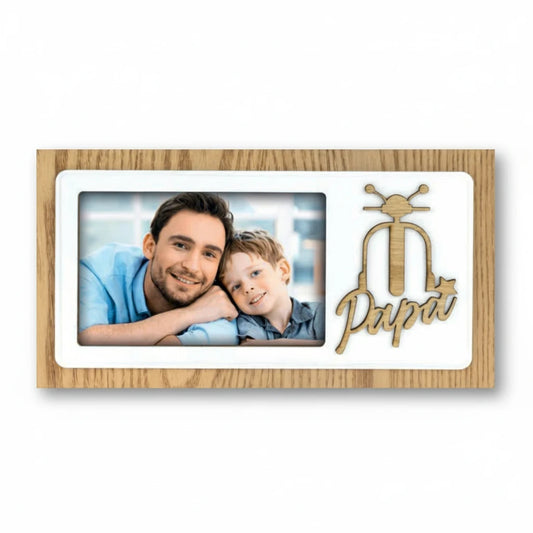 Cornice da tavolo FotoGrafica in legno con scritta Papà e foto di padre e figlio, ideale come regalo personalizzato