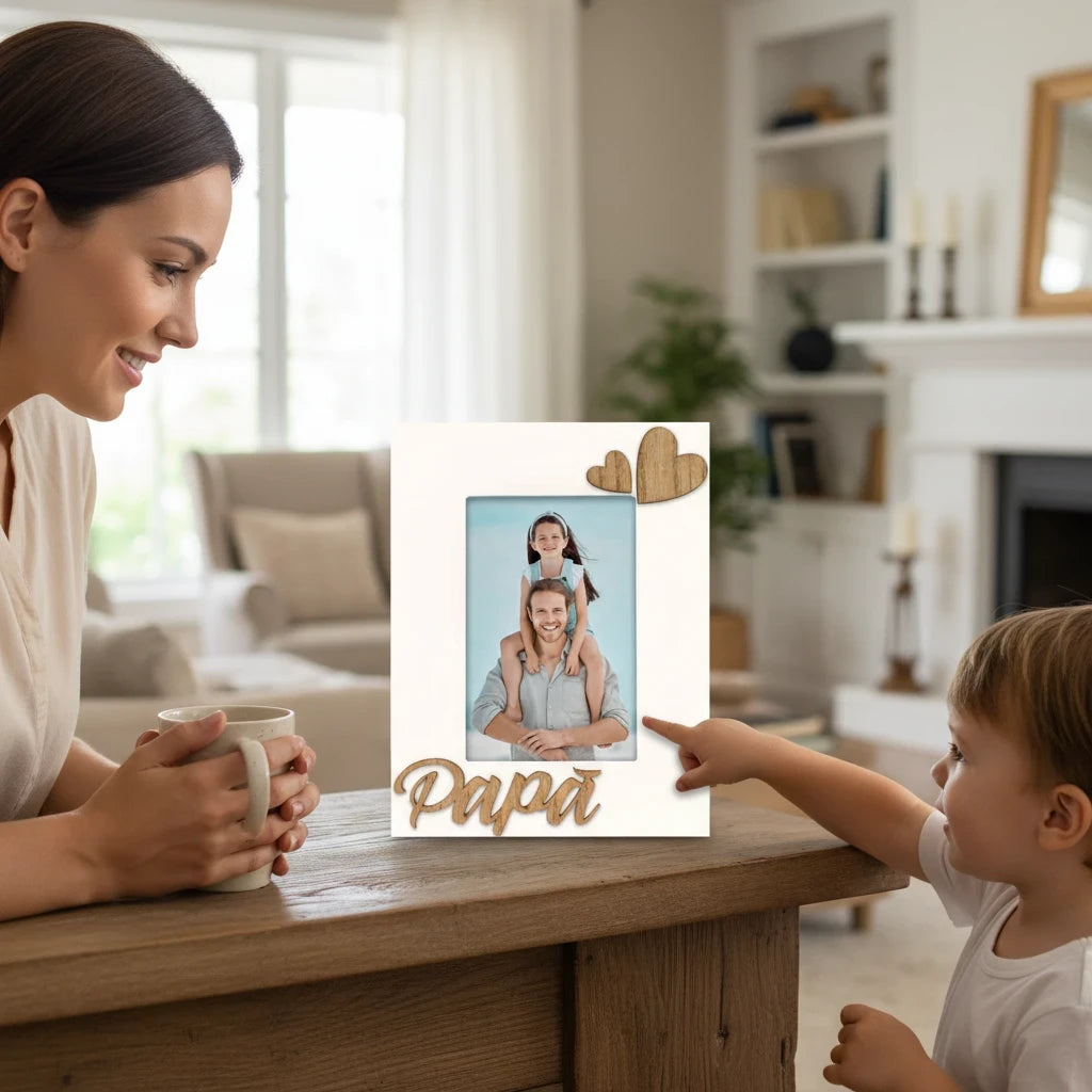 Cornice da tavolo FotoGrafica in legno bianco con scritta Papa e cuori, ideale per foto di famiglia su mobile