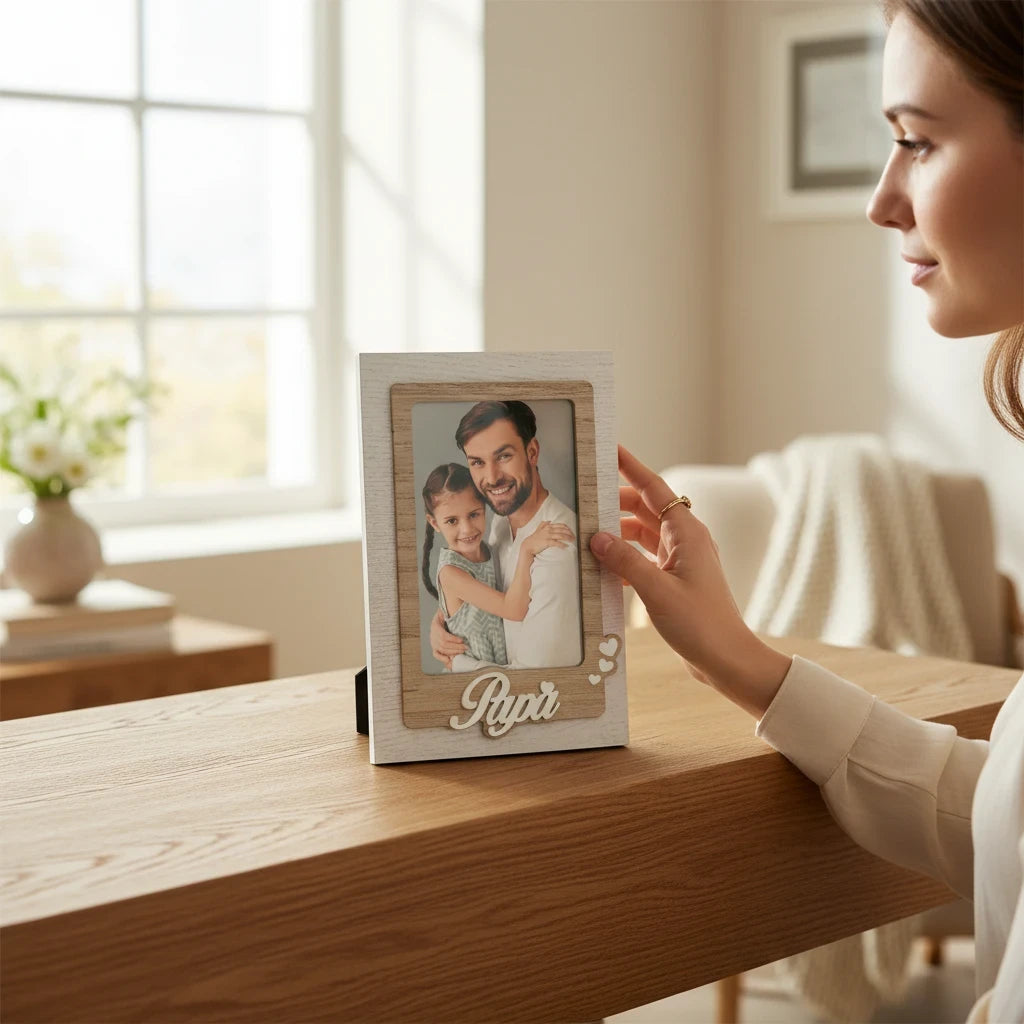 Cornice da tavolo FotoGrafica in legno bianco con scritta Papà e cuori, ideale per foto di famiglia su mobile