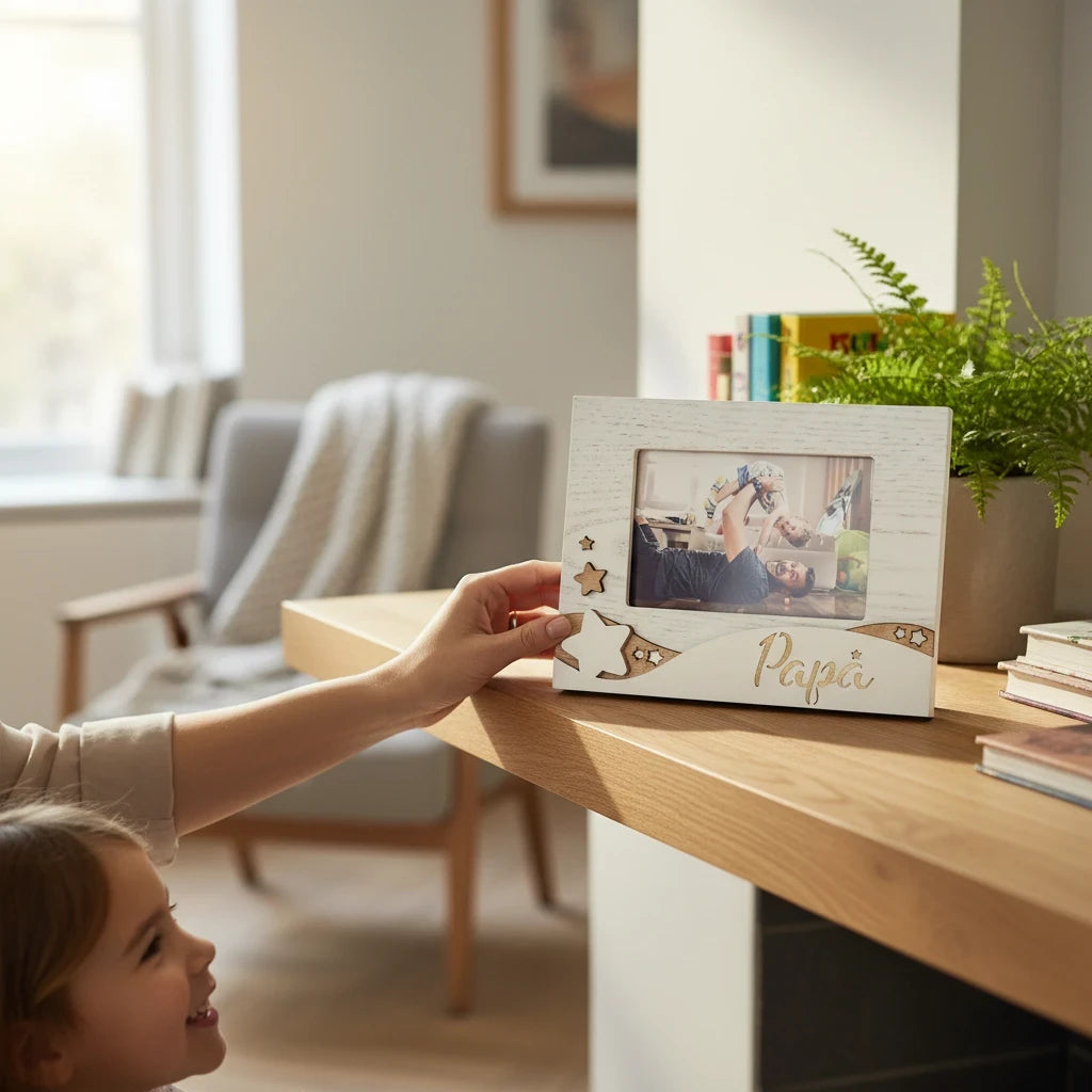 Cornice da tavolo FotoGrafica in legno bianco con scritta Papà e decorazioni a forma di stella per foto di famiglia