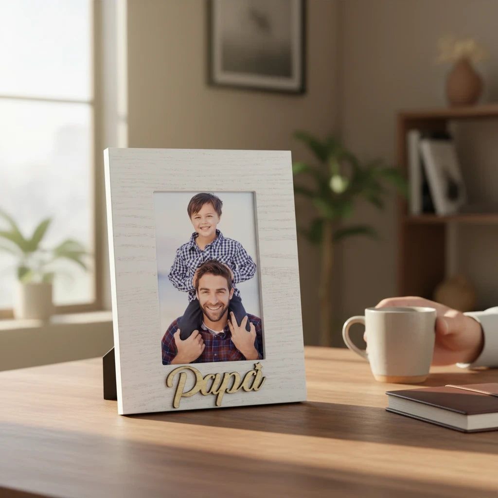 Cornice da tavolo FotoGrafica in legno bianco con scritta Papa, ideale per foto di famiglia su scrivania