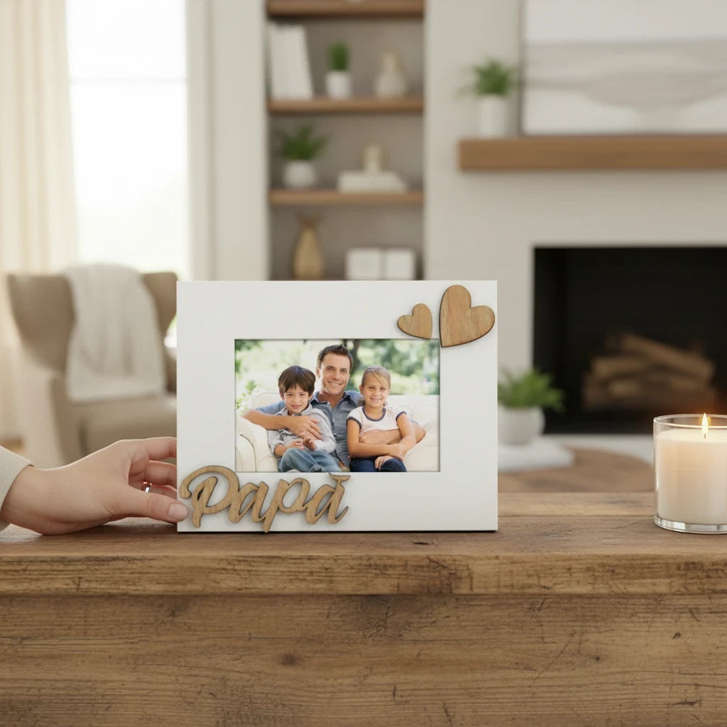 Cornice da tavolo FotoGrafica in legno bianco con scritta Papa e decorazioni a cuore per foto di famiglia