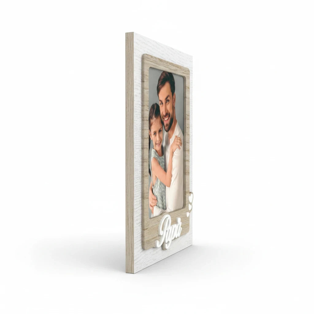 Cornice da tavolo FotoGrafica in legno bianco e naturale con scritta Papa, ideale per foto di famiglia
