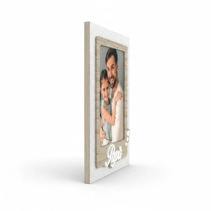 Cornice da tavolo FotoGrafica in legno bianco e naturale con scritta Papa, ideale per foto di famiglia