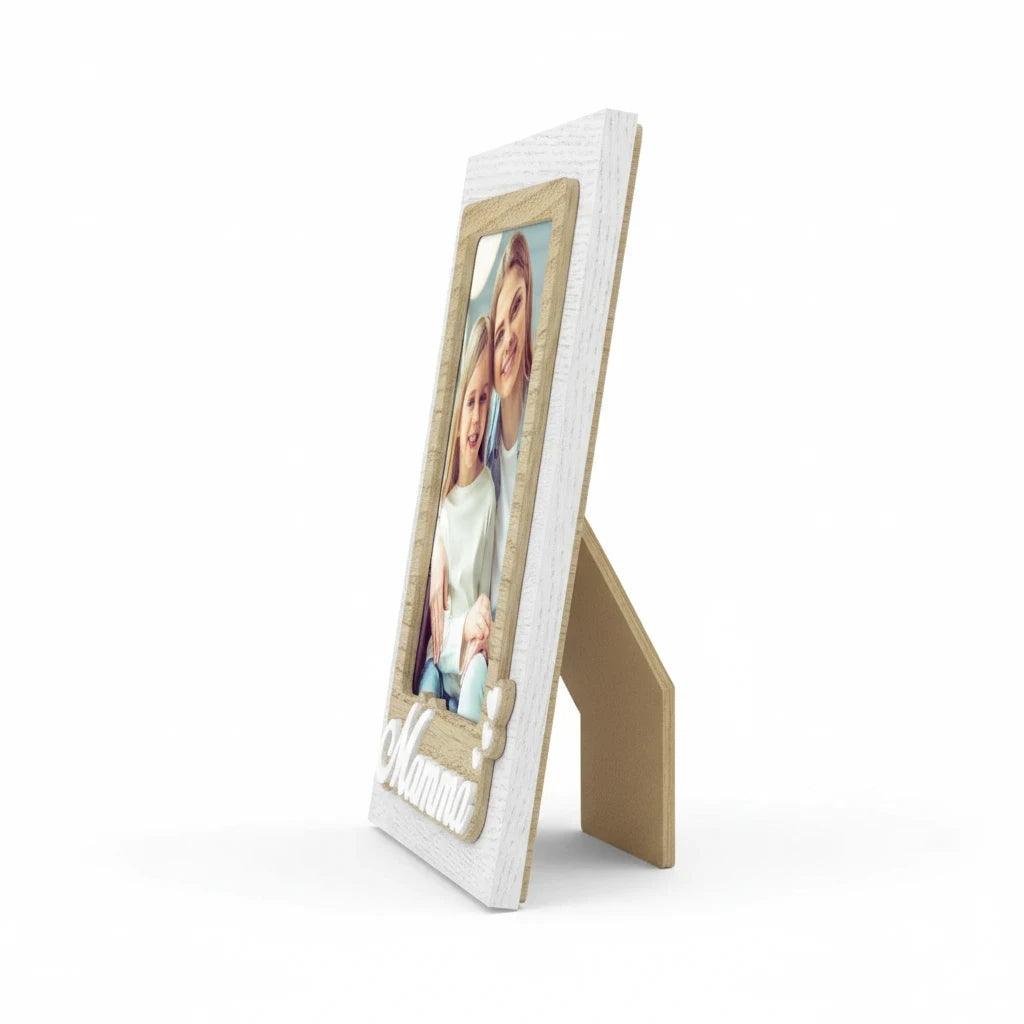 Cornice da tavolo FotoGrafica in legno bianco e naturale con scritta Mamma, ideale per foto di famiglia.