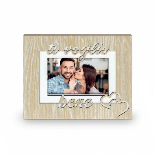 Cornice da tavolo FotoGrafica in legno chiaro con scritta ti voglio bene e decorazioni a cuore per foto romantiche