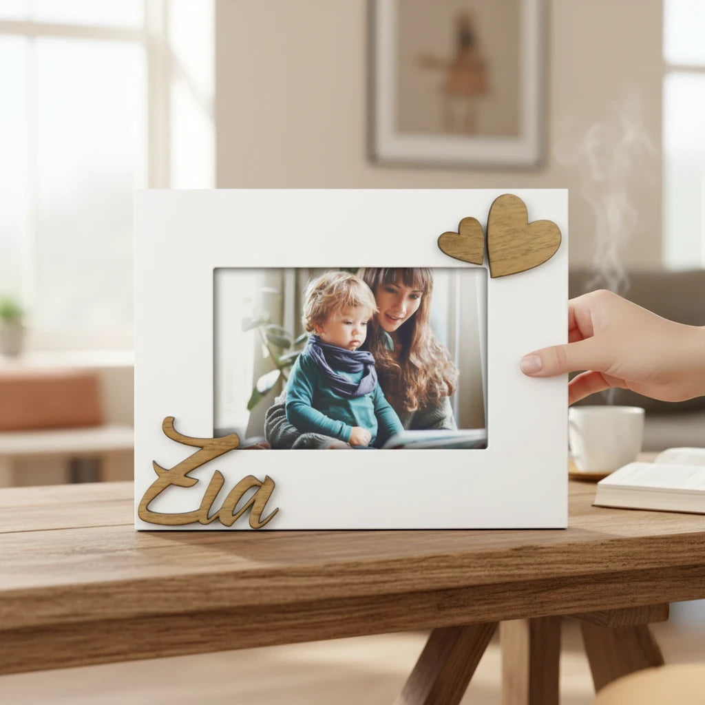 Cornice da tavolo FotoGrafica in legno bianco con scritta Zia e cuori decorativi, ideale per regalo personalizzato