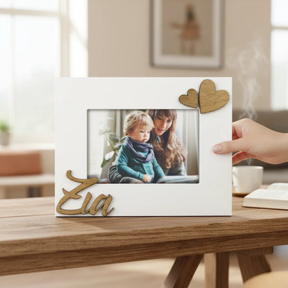 Cornice da tavolo FotoGrafica in legno bianco con scritta Zia e cuori decorativi, ideale per regalo personalizzato