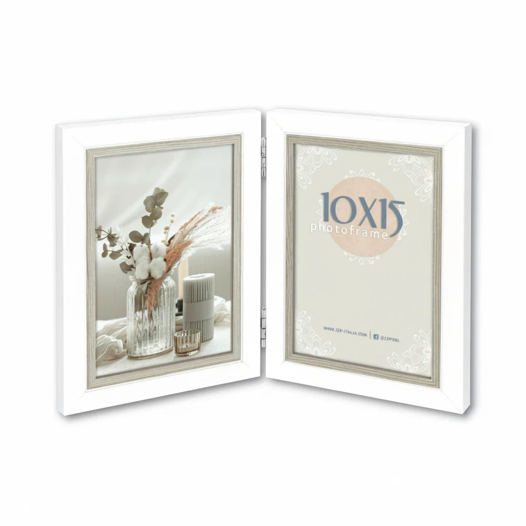 Cornice multifoto FotoGrafica pieghevole color bianco e argento per due fotografie 10x15 cm da tavolo