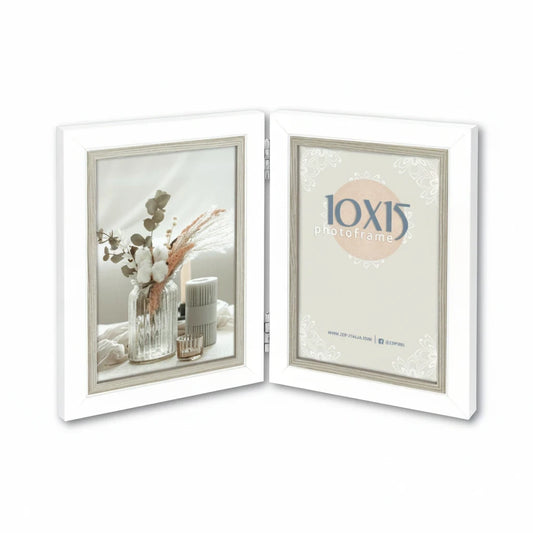 Cornice multifoto FotoGrafica pieghevole color bianco e argento per due fotografie 10x15 cm da tavolo