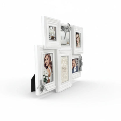 Cornice multifoto FotoGrafica da tavolo in legno bianco decapato con decorazioni a forma di cuore e chiave