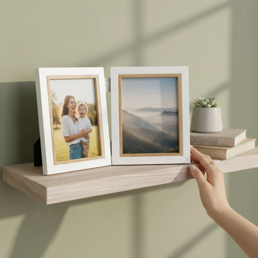 Cornice multifoto FotoGrafica pieghevole con finitura bianca e legno su mensola moderna