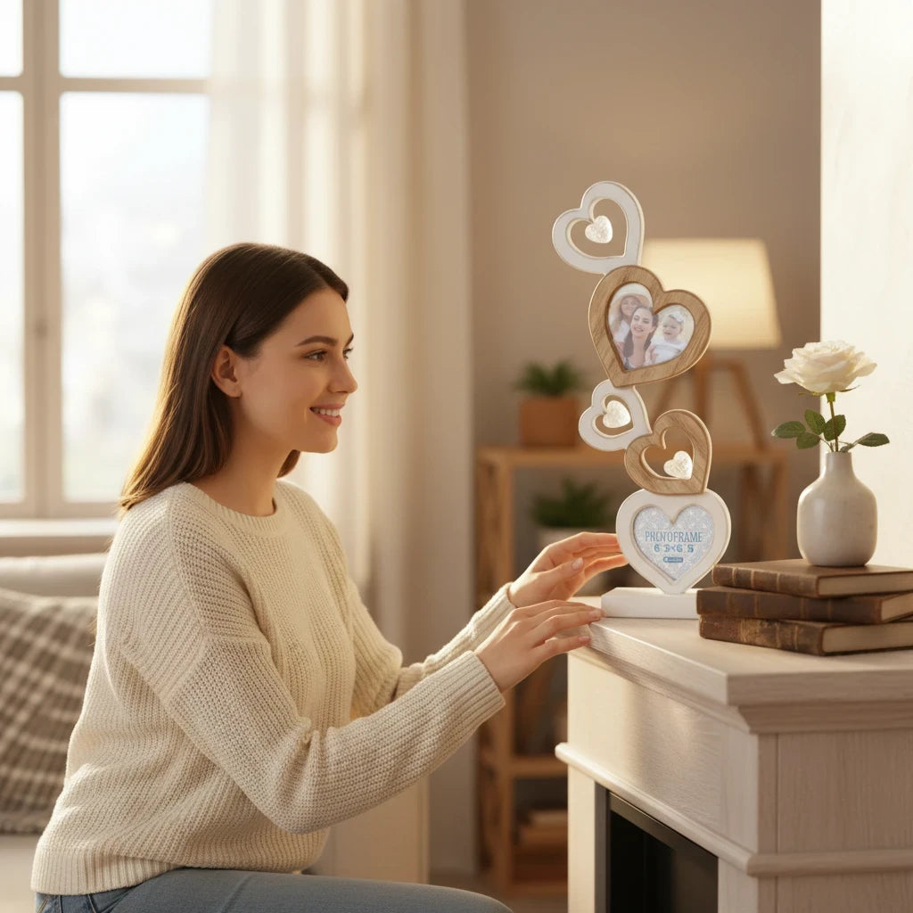 Donna sorridente osserva una cornice multifoto FotoGrafica a forma di cuore in legno e argento su un camino