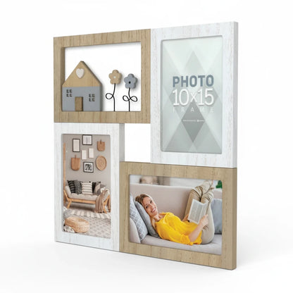 Cornice multifoto FotoGrafica moderna con finitura in legno e bianco per esporre ricordi e foto di famiglia