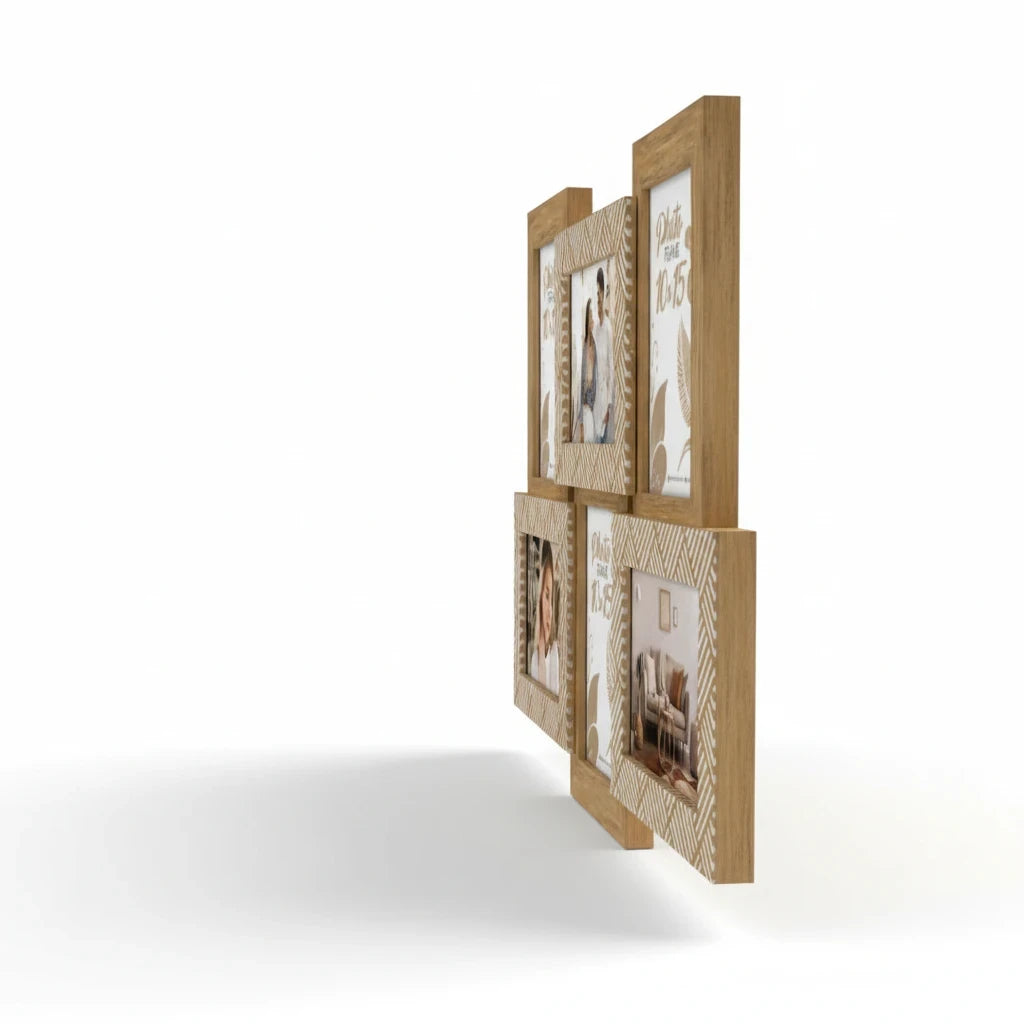 Cornice multifoto FotoGrafica in legno chiaro con design geometrico a intarsio, vista laterale su sfondo bianco