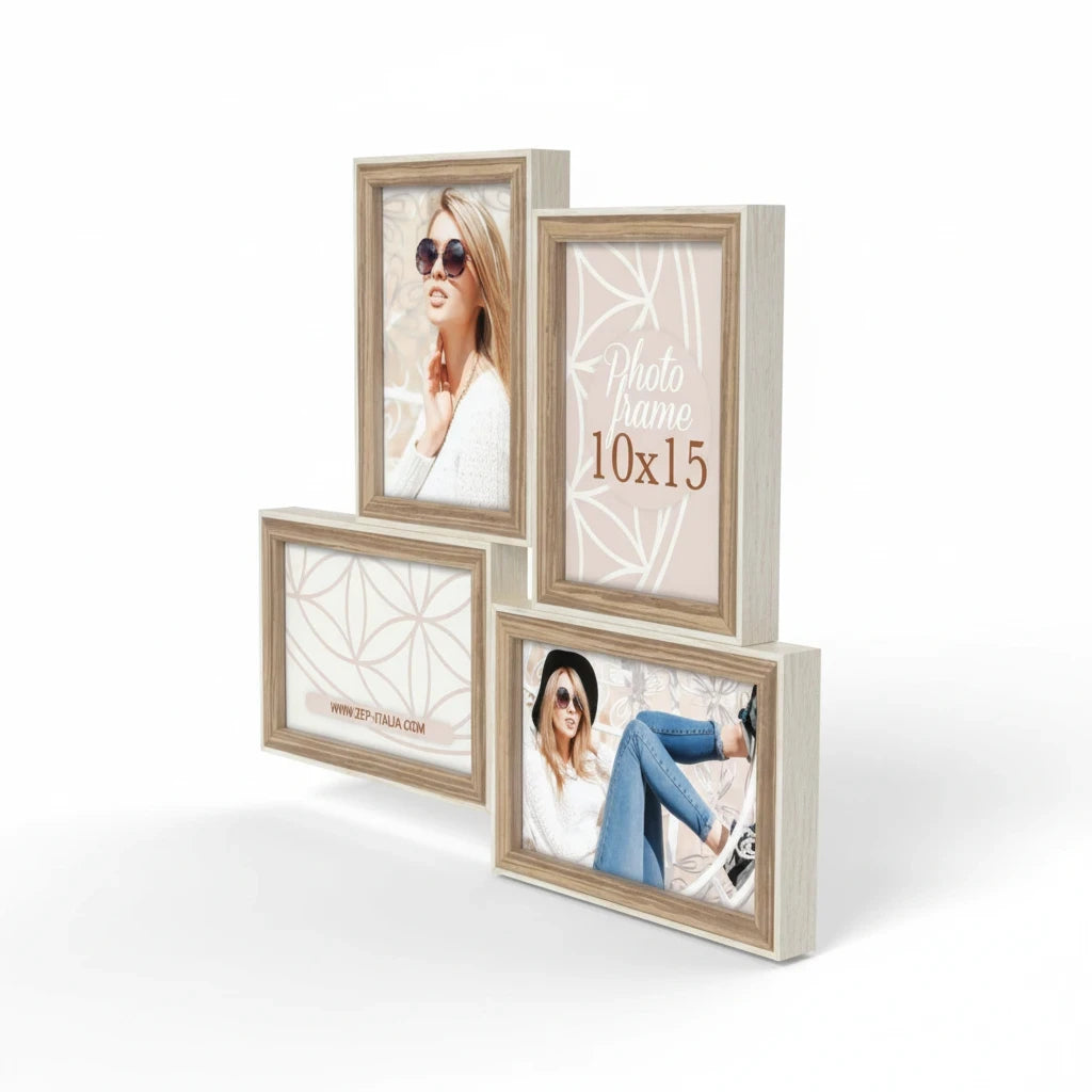 Cornice multifoto FotoGrafica in legno chiaro con design moderno a incastro per quattro fotografie 10x15