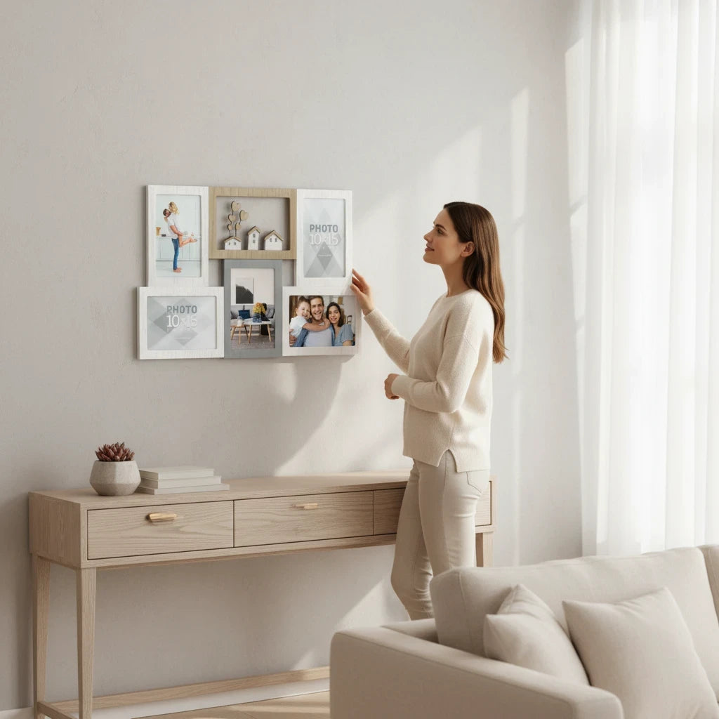 Donna che appende una cornice multifoto FotoGrafica moderna con finitura silver e bianca su una parete del soggiorno