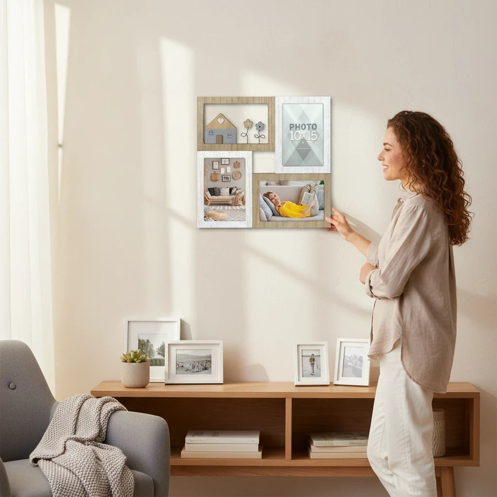 Donna che appende una cornice multifoto FotoGrafica in legno e silver su una parete chiara in un soggiorno moderno