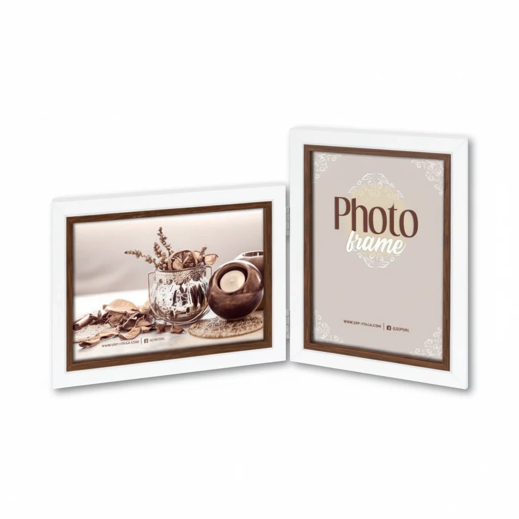 Cornice multifoto FotoGrafica pieghevole con finitura bianca e marrone per due fotografie da tavolo