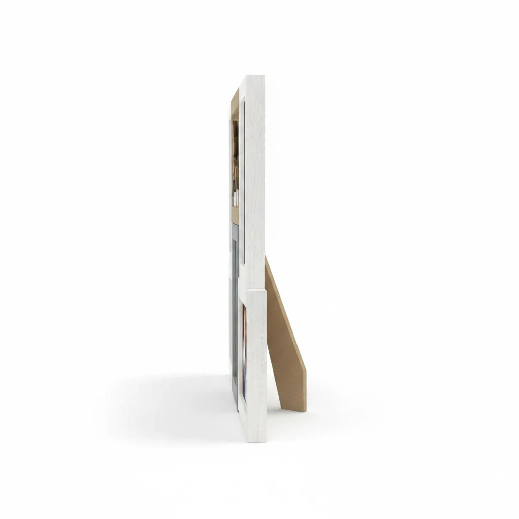Cornice multifoto FotoGrafica da tavolo con finitura silver, vista laterale di un portafoto moderno per ricordi