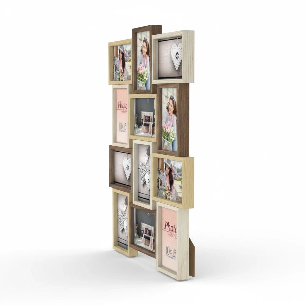 Cornice multifoto FotoGrafica da tavolo con finitura silver e legno, design moderno per molteplici fotografie