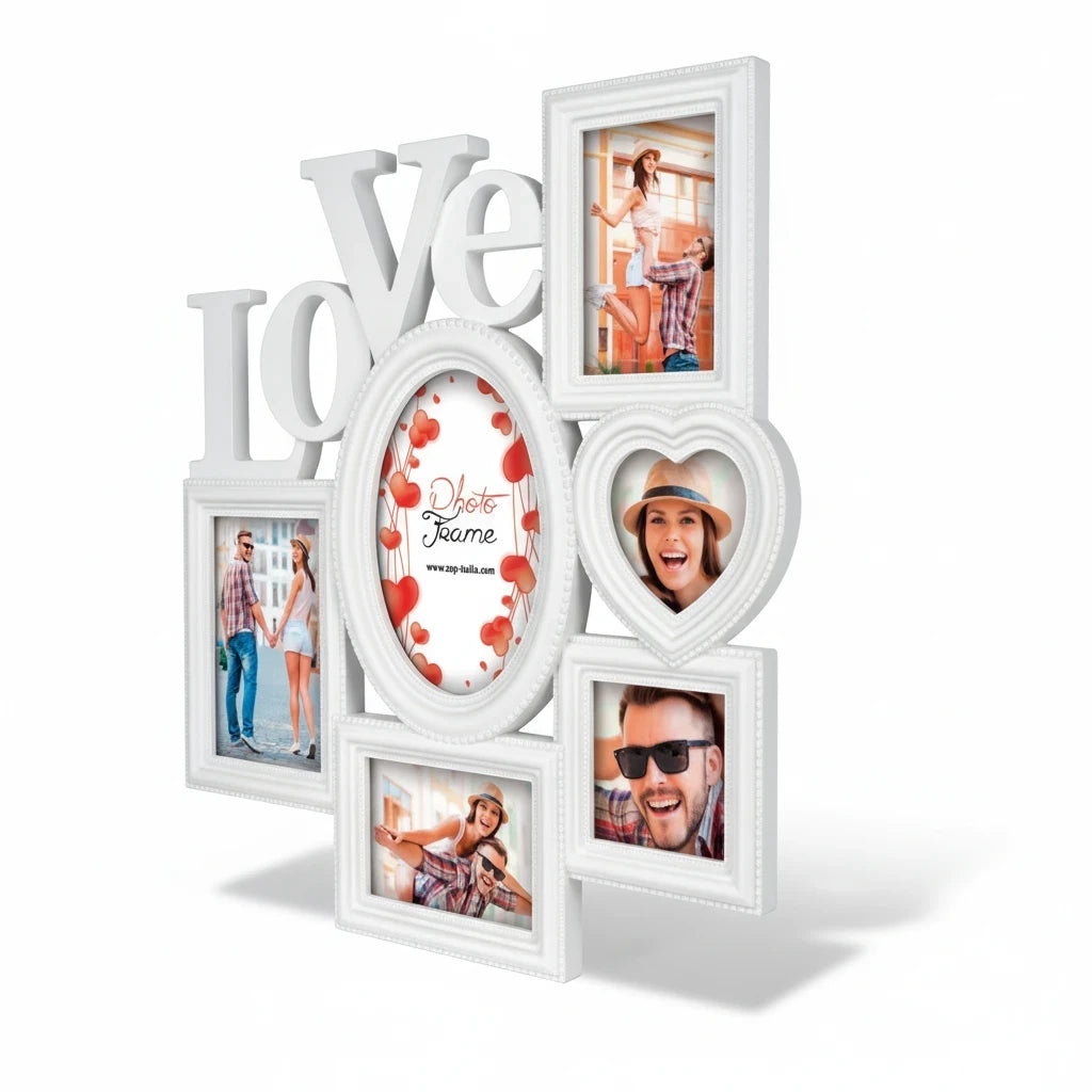 Cornice multiframe FotoGrafica bianca con scritta Love, ideale per foto romantiche di coppia e regali di San Valentino
