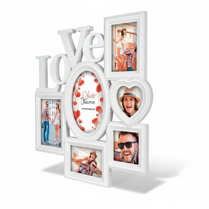 Cornice multiframe FotoGrafica bianca con scritta Love, ideale per foto romantiche di coppia e regali di San Valentino
