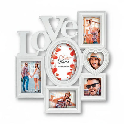 Cornice multiframe FotoGrafica bianca con scritta Love, ideale per collage di foto romantiche e regali di San Valentino