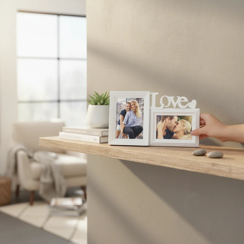 Cornice multiframe bianca FotoGrafica con scritta Love, ideale per foto romantiche di coppia su mensola in legno