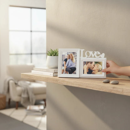 Cornice multiframe bianca FotoGrafica con scritta Love, ideale per foto romantiche di coppia su mensola in legno