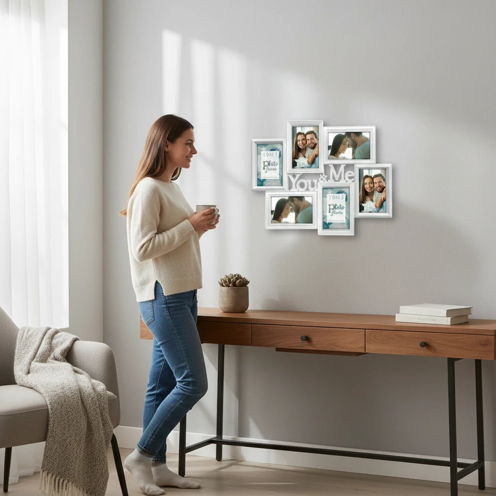 Donna che ammira una cornice multiframe bianca FotoGrafica con foto di coppia appesa in un soggiorno luminoso